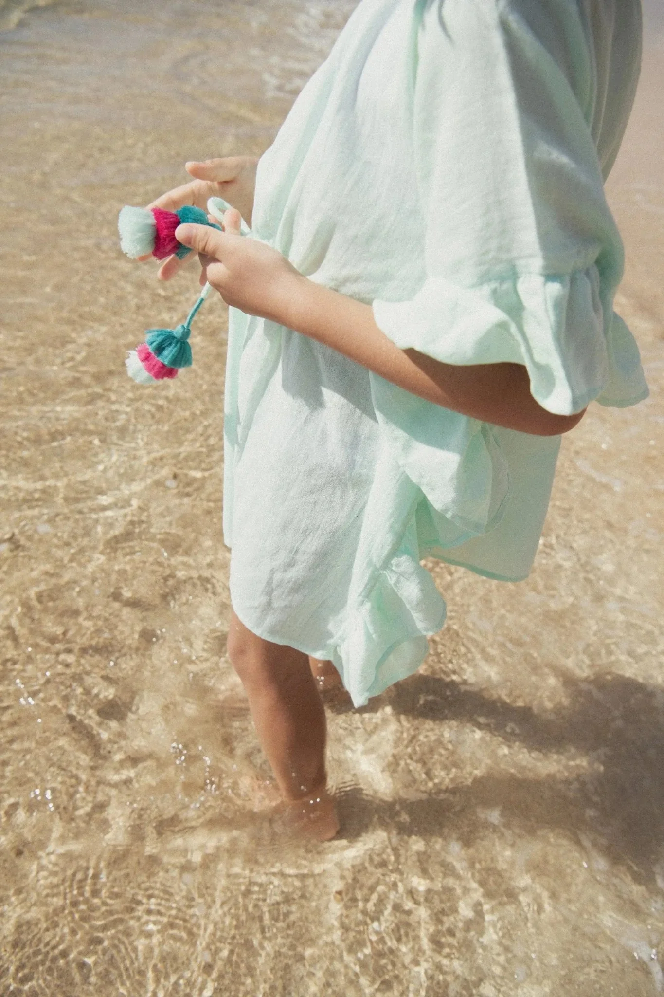 Caftan fille à pompons, aqua | LEA - Image 3